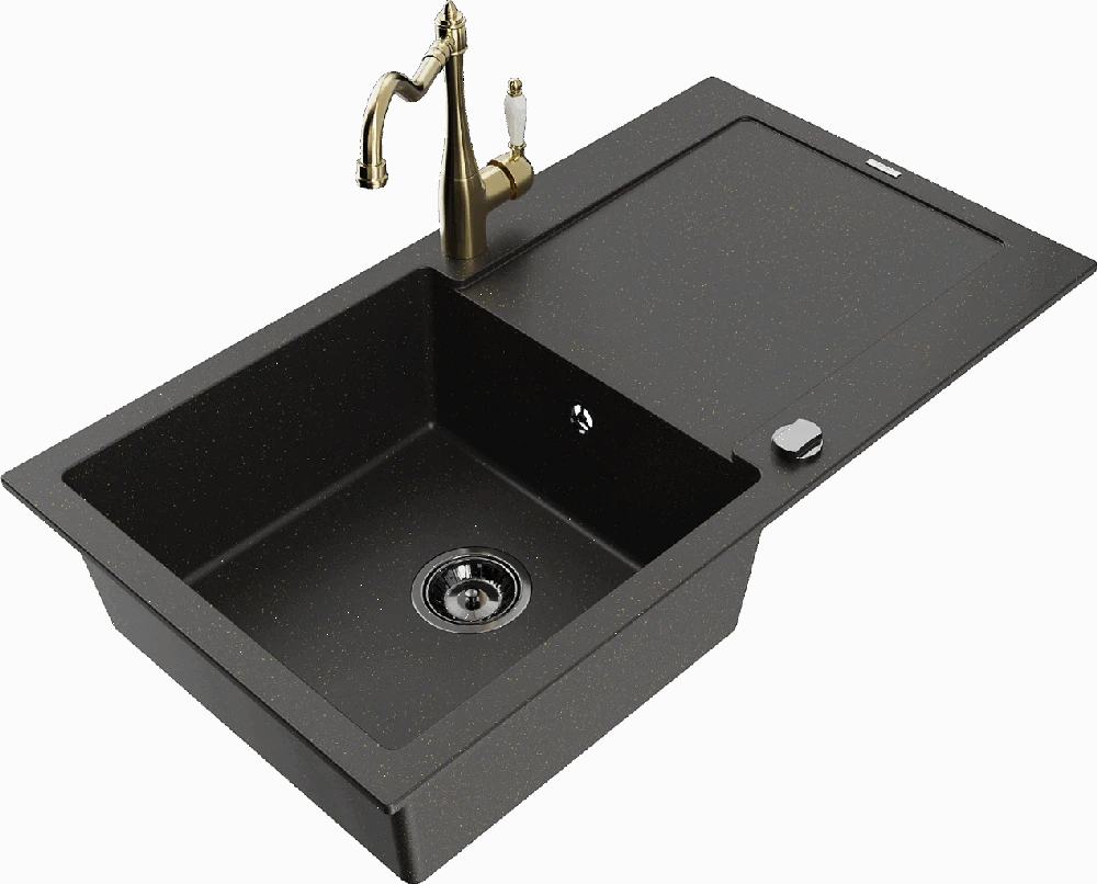 Granitinė virtuvinė plautuvė Mexen Leo su maišytuvu ir sifonu, Metallic juodas/auksinis+Gold