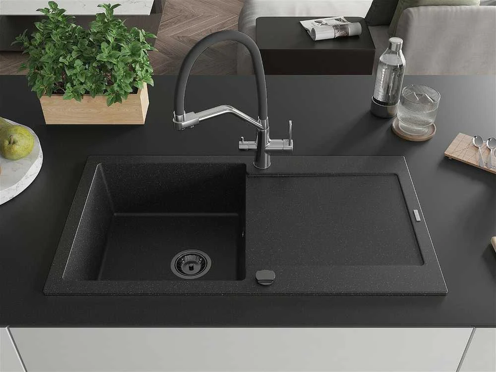 Granitinė virtuvinė plautuvė Mexen Leo su maišytuvu ir sifonu, Metallic juodas/sidabrinis+Juodas/Chrome
