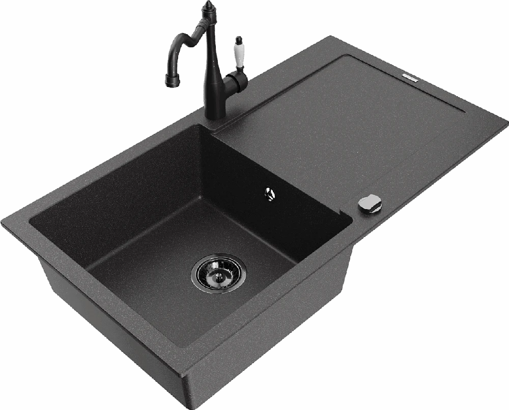 Granitinė virtuvinė plautuvė Mexen Leo su maišytuvu ir sifonu, Juodas granite+Juodas