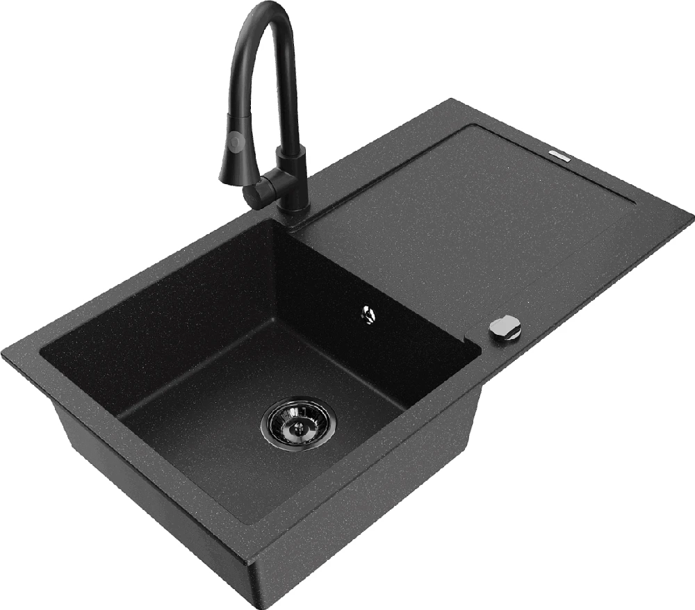 Granitinė virtuvinė plautuvė Mexen Leo su maišytuvu ir sifonu, Metallic juodas/sidabrinis+Juodas