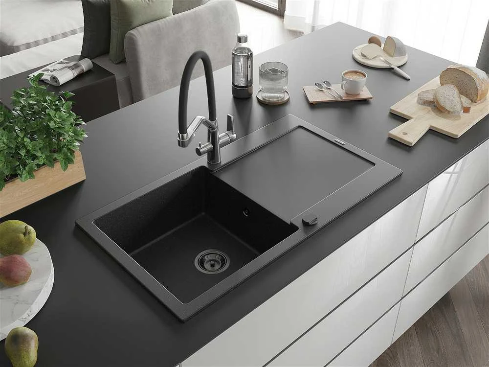 Granitinė virtuvinė plautuvė Mexen Leo su maišytuvu ir sifonu, Metallic juodas/sidabrinis+Juodas/Chrome