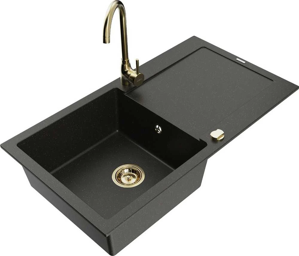 Granitinė virtuvinė plautuvė Mexen Leo su maišytuvu ir sifonu, Metallic juodas/auksinis+Gold