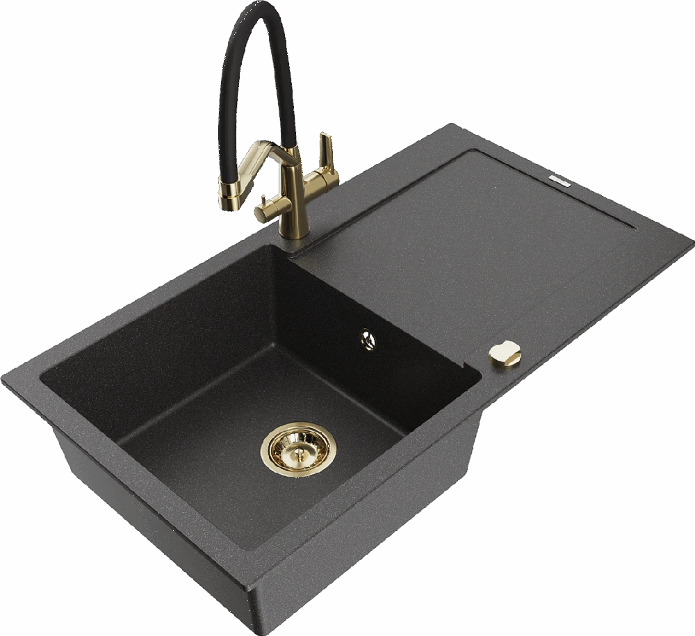 Granitinė virtuvinė plautuvė Mexen Leo su maišytuvu ir sifonu, Juodas granite+Juodas/Gold