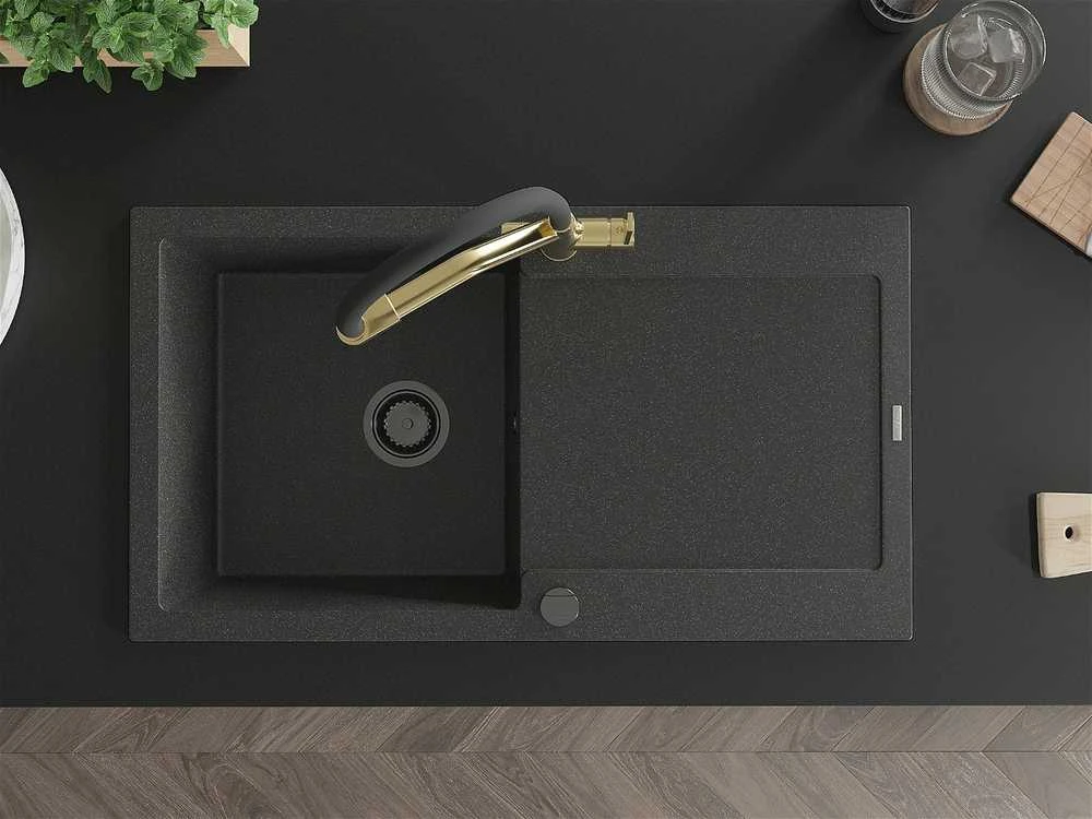 Granitinė virtuvinė plautuvė Mexen Leo su maišytuvu ir sifonu, Juodas granite+Juodas/Gold