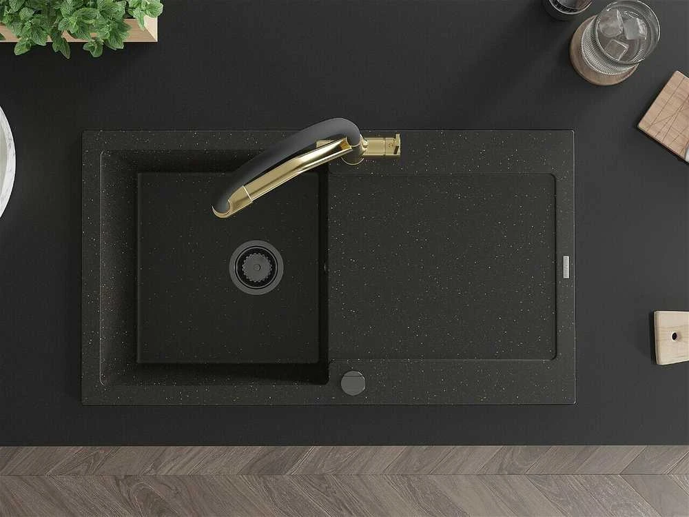 Granitinė virtuvinė plautuvė Mexen Leo su maišytuvu ir sifonu, Metallic juodas/auksinis+Juodas/Gold