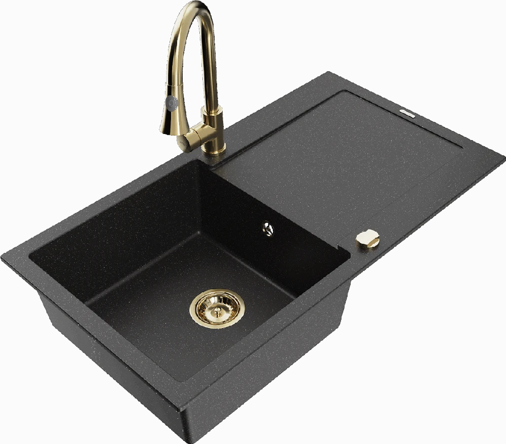 Granitinė virtuvinė plautuvė Mexen Leo su maišytuvu ir sifonu, Metallic juodas/sidabrinis+Gold