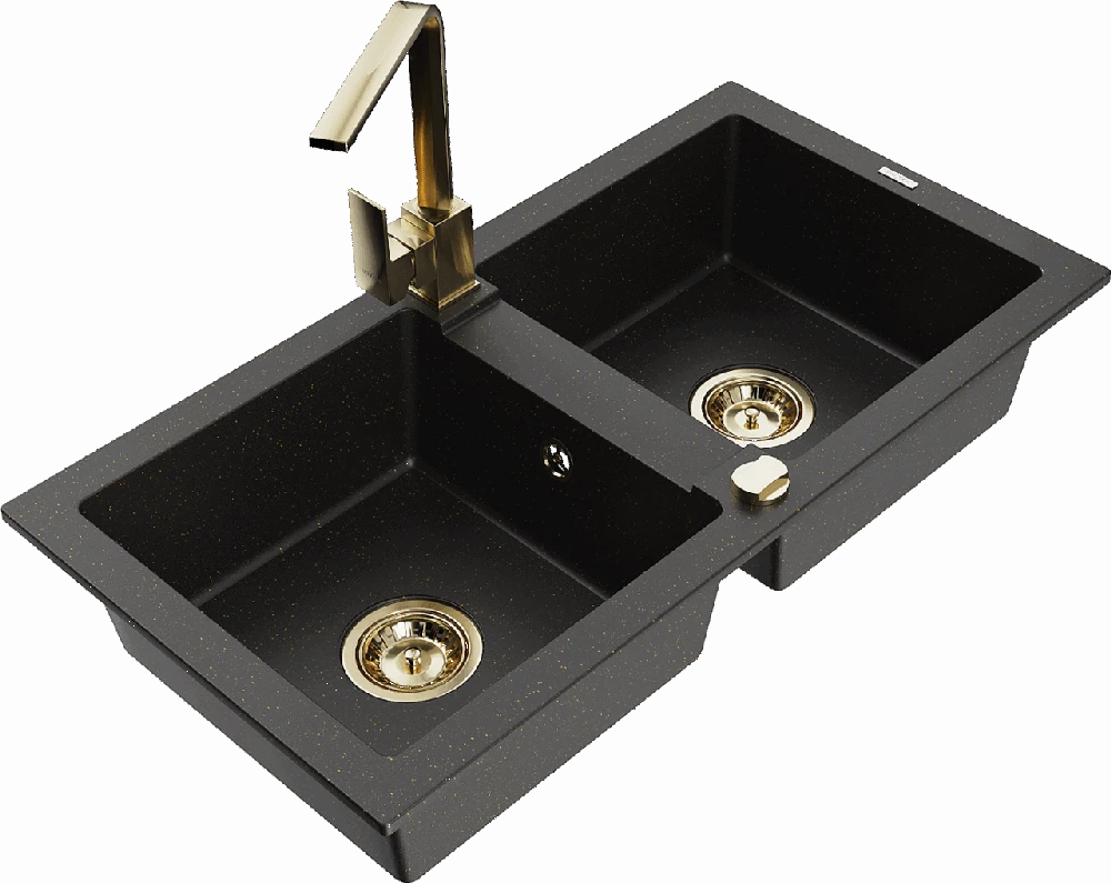Granitinė virtuvinė plautuvė Mexen Mario su maišytuvu ir sifonu, Metallic juodas/auksinis+Gold