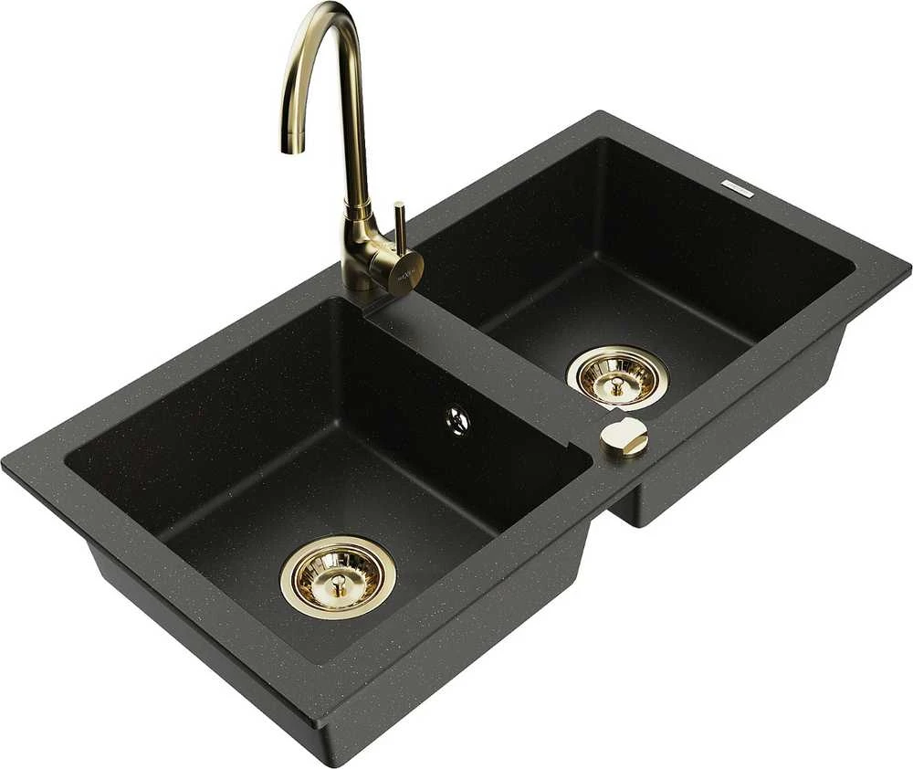 Granitinė virtuvinė plautuvė Mexen Mario su maišytuvu ir sifonu, Metallic juodas/auksinis+Gold
