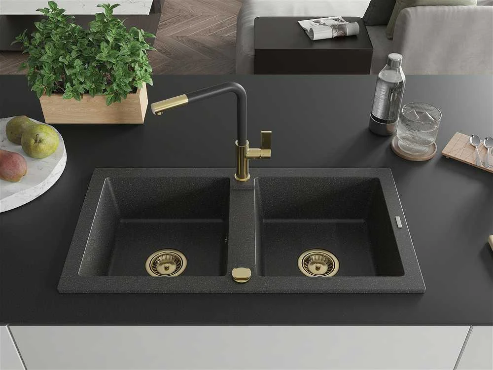 Granitinė virtuvinė plautuvė Mexen Mario su maišytuvu ir sifonu, Juodas granite+Juodas/Gold