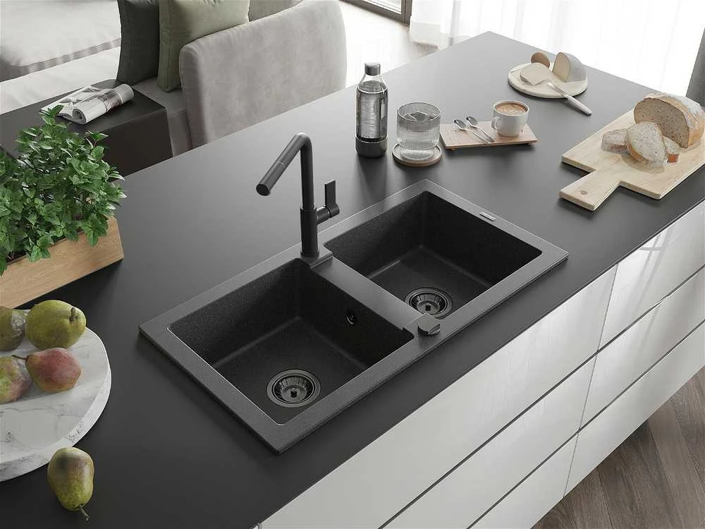 Granitinė virtuvinė plautuvė Mexen Mario su maišytuvu ir sifonu, Juodas granite+Juodas