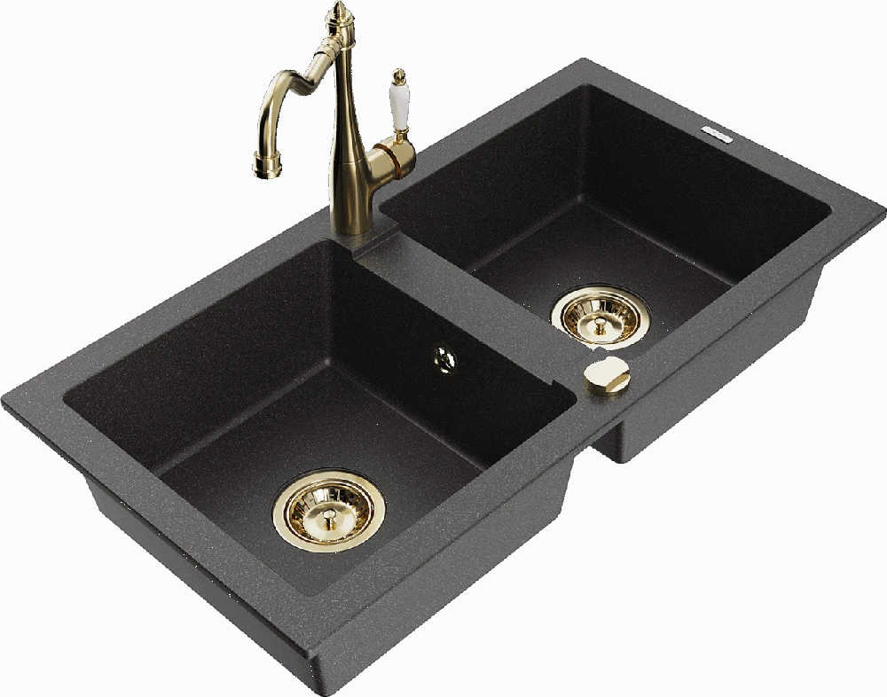 Granitinė virtuvinė plautuvė Mexen Mario su maišytuvu ir sifonu, Juodas granite+Gold
