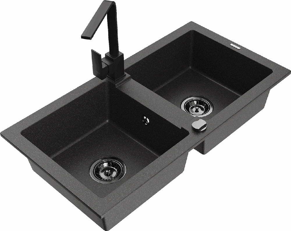Granitinė virtuvinė plautuvė Mexen Mario su maišytuvu ir sifonu, Juodas granite+Juodas