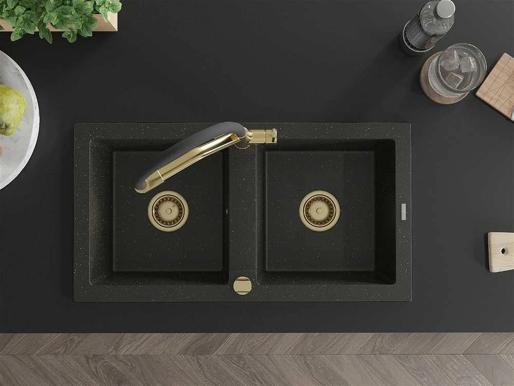 Granitinė virtuvinė plautuvė Mexen Mario su maišytuvu ir sifonu, Metallic juodas/auksinis+Juodas/Gold