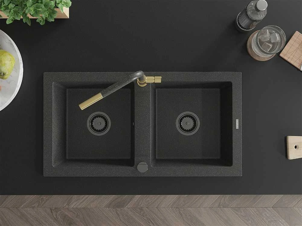 Granitinė virtuvinė plautuvė Mexen Mario su maišytuvu ir sifonu, Juodas granite+Juodas granite/Gold