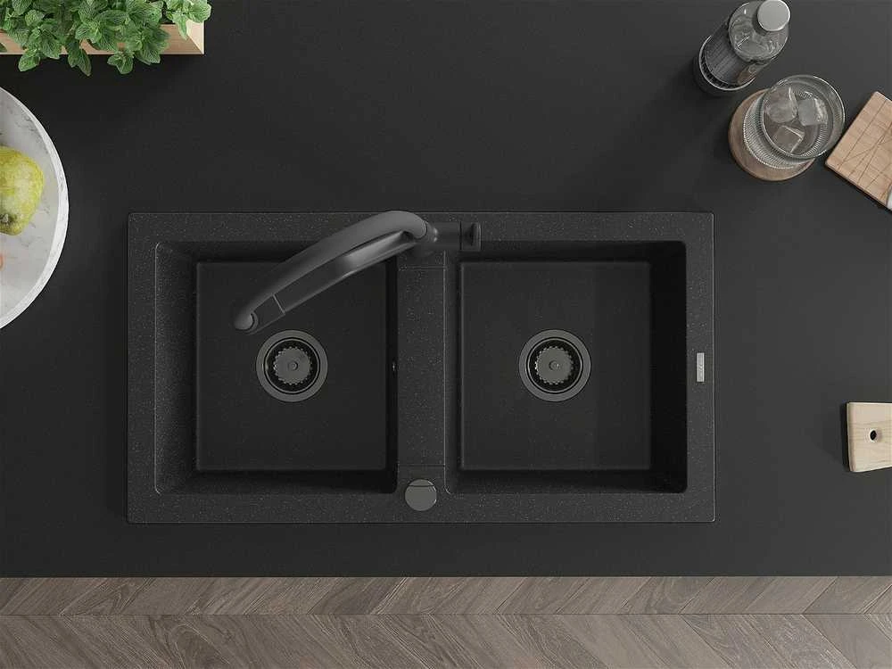 Granitinė virtuvinė plautuvė Mexen Mario su maišytuvu ir sifonu, Metallic juodas/sidabrinis+Juodas