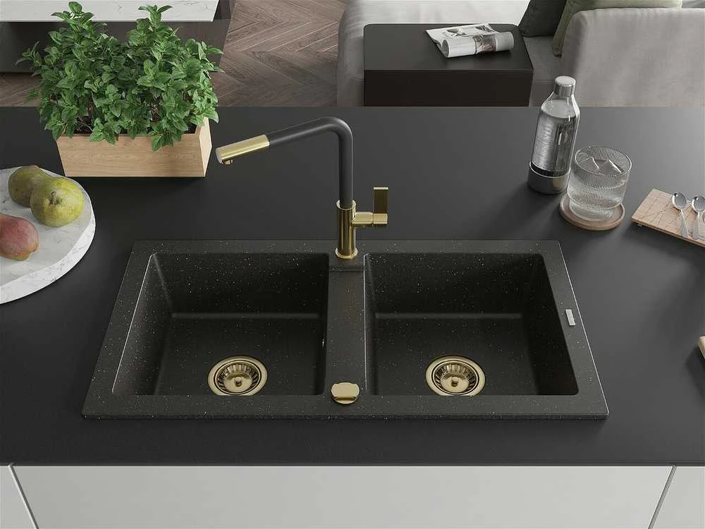 Granitinė virtuvinė plautuvė Mexen Mario su maišytuvu ir sifonu, Metallic juodas/auksinis+Juodas/Gold