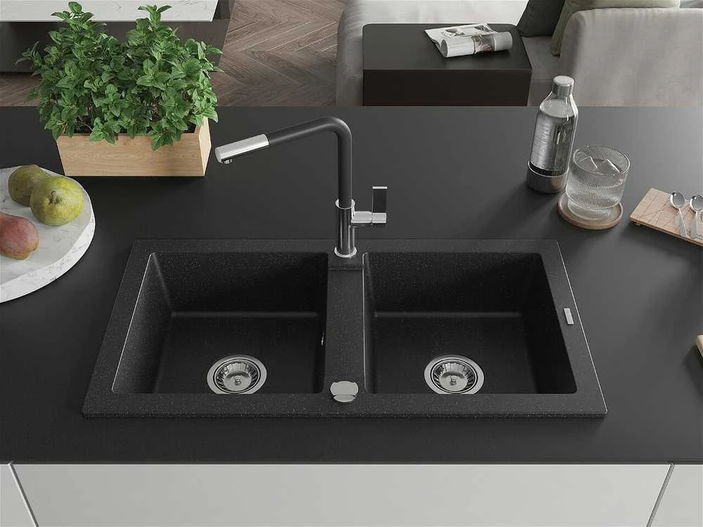 Granitinė virtuvinė plautuvė Mexen Mario su maišytuvu ir sifonu, Metallic juodas/sidabrinis+Juodas/Chrome