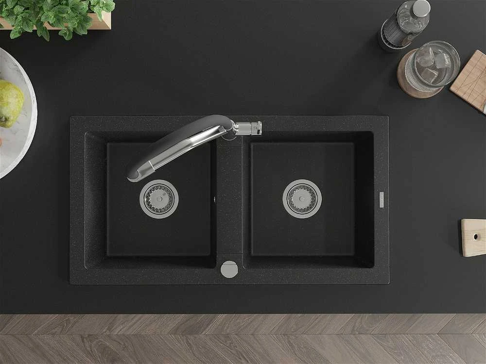 Granitinė virtuvinė plautuvė Mexen Mario su maišytuvu ir sifonu, Metallic juodas/sidabrinis+Juodas/Chrome