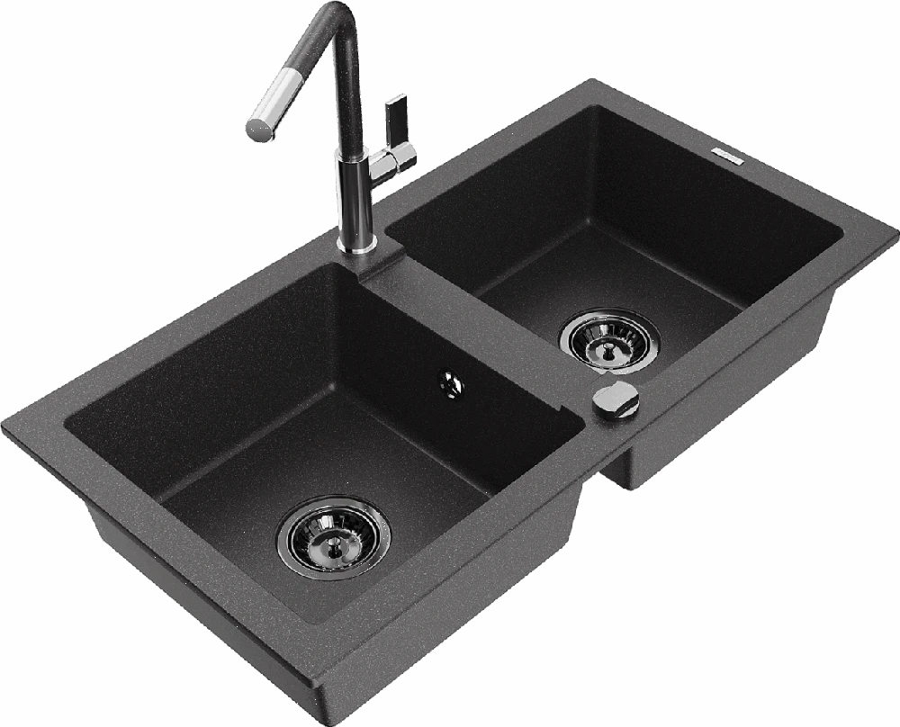 Granitinė virtuvinė plautuvė Mexen Mario su maišytuvu ir sifonu, Juodas granite+Juodas granite/Chrome