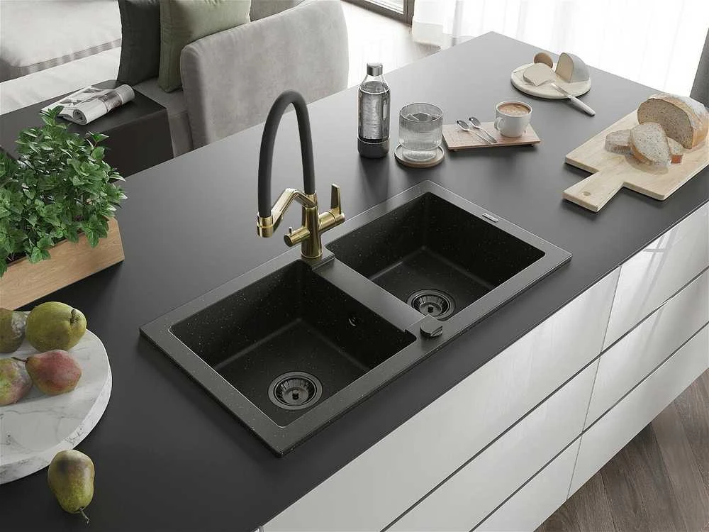 Granitinė virtuvinė plautuvė Mexen Mario su maišytuvu ir sifonu, Metallic juodas/auksinis+Juodas/Gold