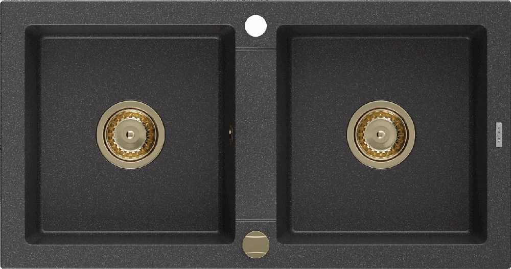 Granitinė virtuvinė plautuvė Mexen Mario su sifonu, Juodas granite+Gold, 820 x 436 mm