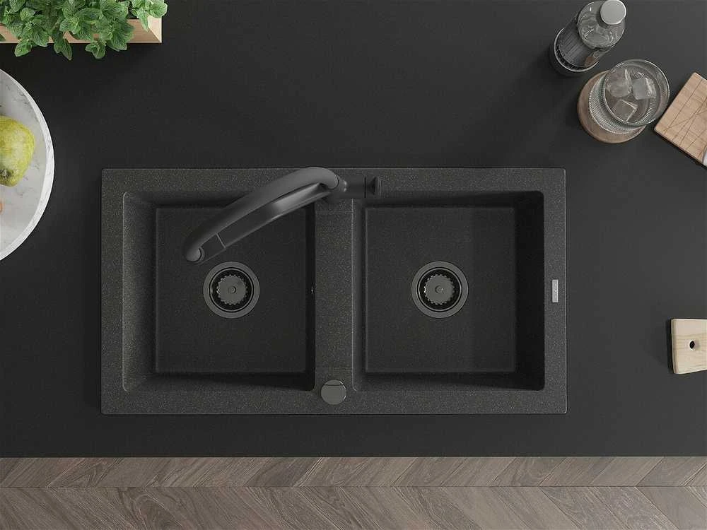 Granitinė virtuvinė plautuvė Mexen Mario su maišytuvu ir sifonu, Juodas granite+Juodas