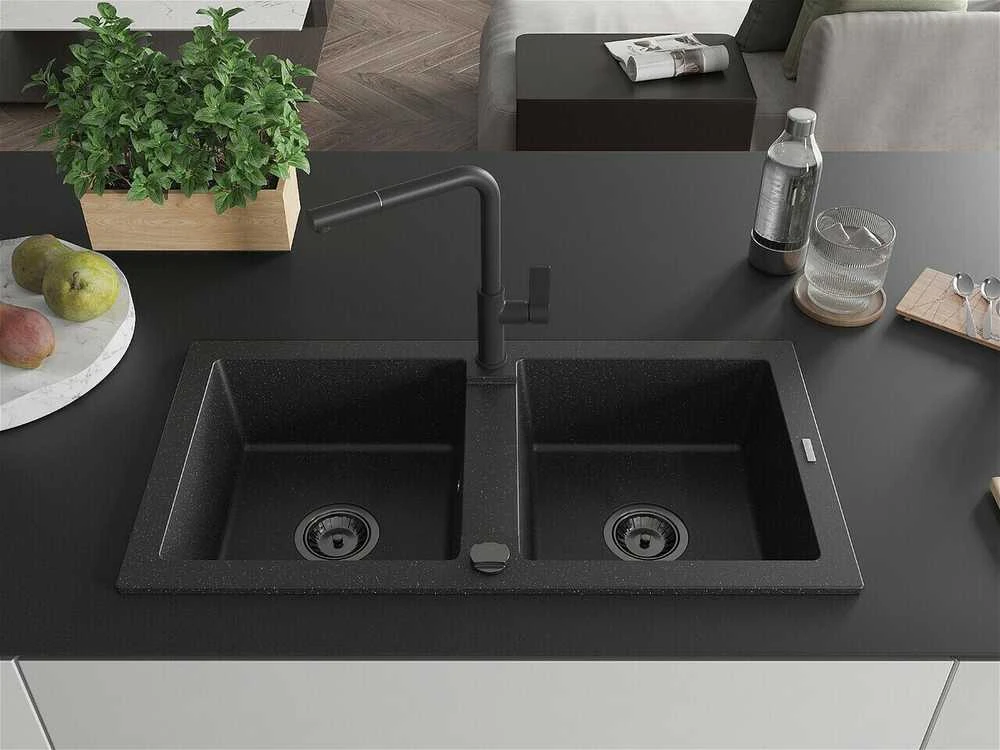 Granitinė virtuvinė plautuvė Mexen Mario su maišytuvu ir sifonu, Metallic juodas/sidabrinis+Juodas