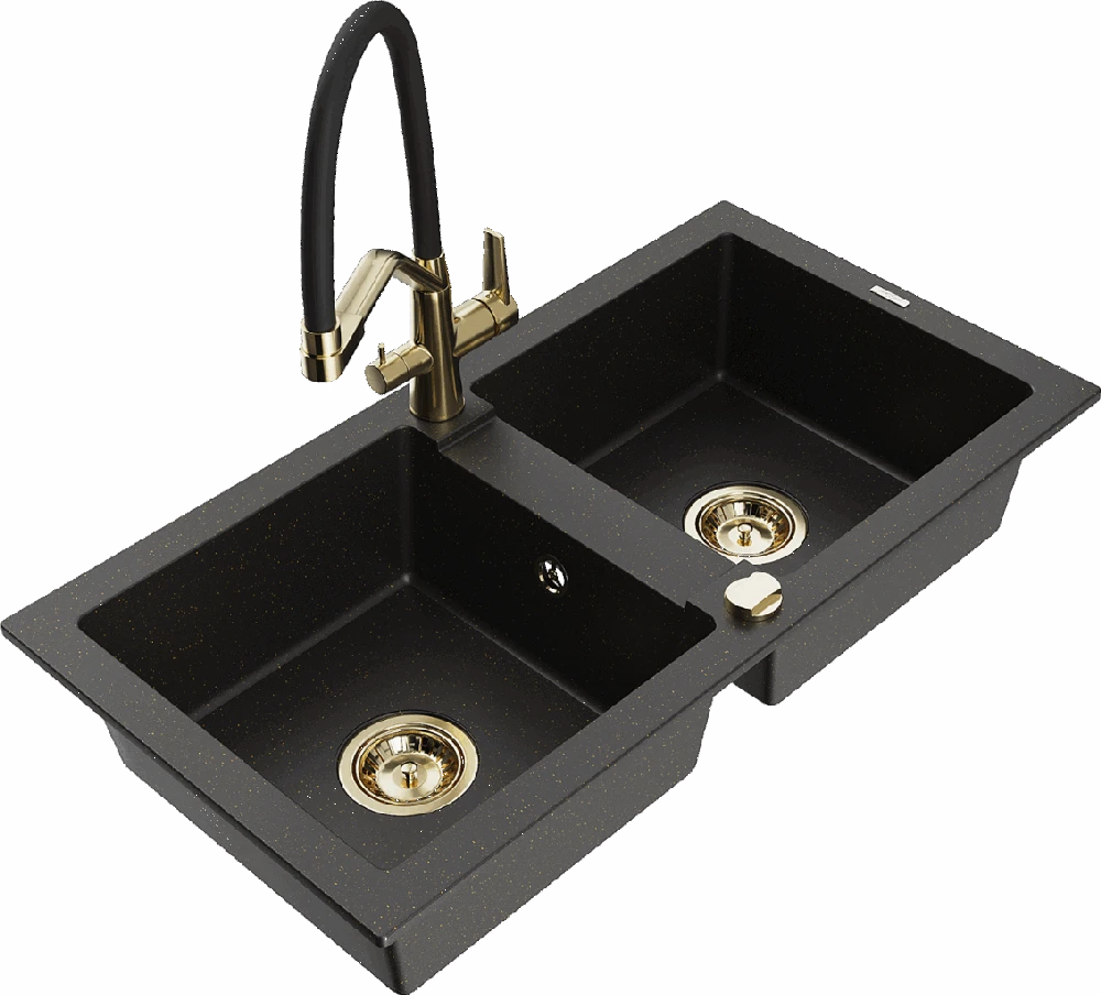 Granitinė virtuvinė plautuvė Mexen Mario su maišytuvu ir sifonu, Metallic juodas/auksinis+Juodas/Gold