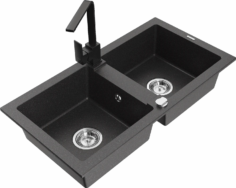 Granitinė virtuvinė plautuvė Mexen Mario su maišytuvu ir sifonu, Juodas granite+Juodas