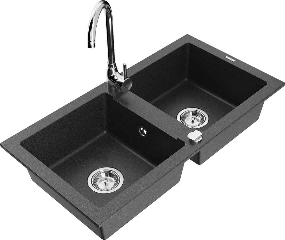 Granitinė virtuvinė plautuvė Mexen Mario su maišytuvu ir sifonu, Juodas granite+Chrome