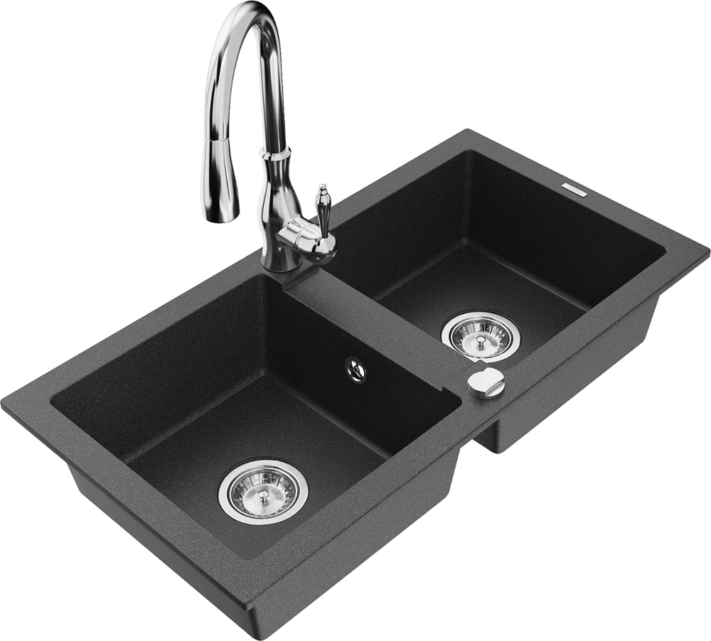Granitinė virtuvinė plautuvė Mexen Mario su maišytuvu ir sifonu, Juodas granite+Chrome