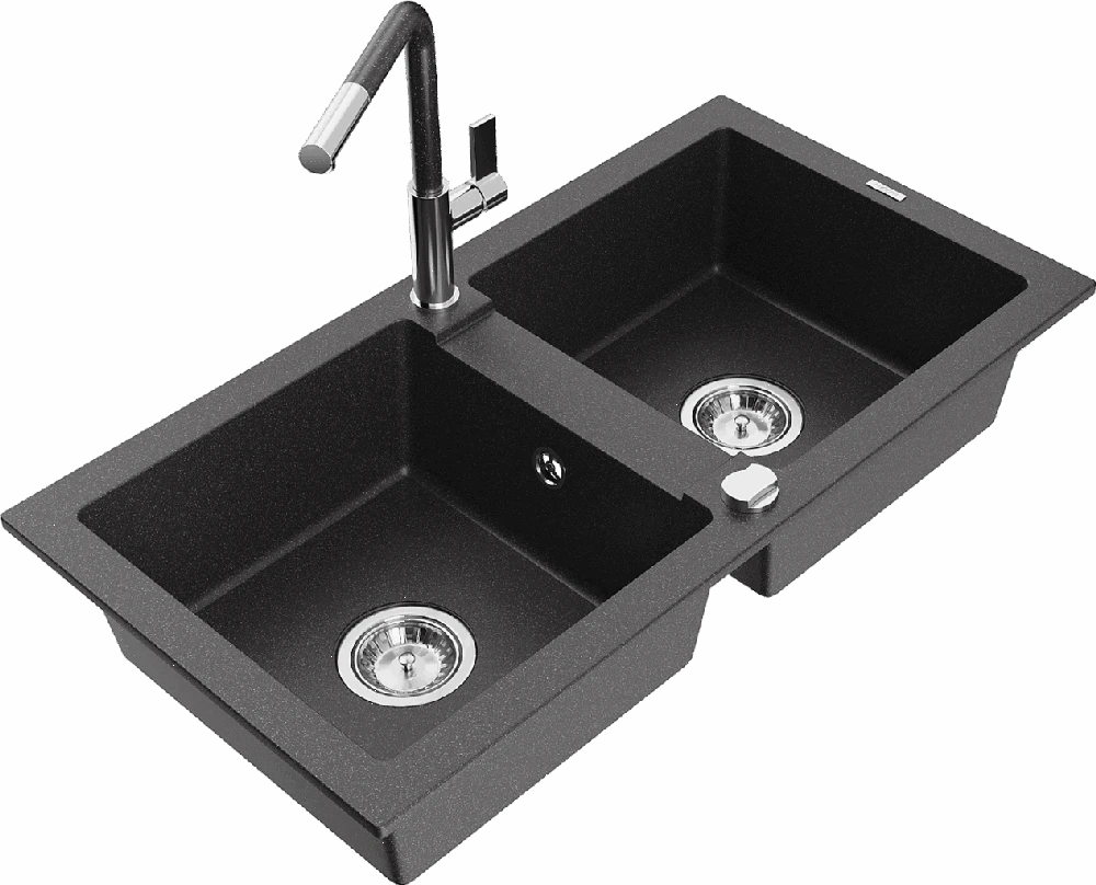 Granitinė virtuvinė plautuvė Mexen Mario su maišytuvu ir sifonu, Juodas granite+Juodas granite/Chrome