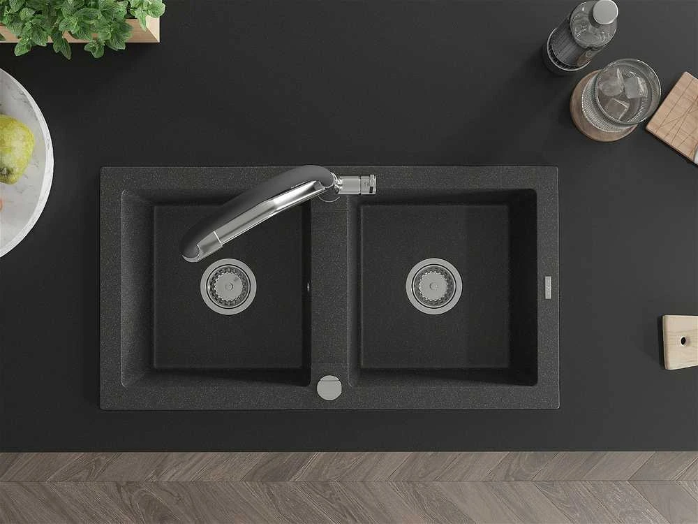 Granitinė virtuvinė plautuvė Mexen Mario su maišytuvu ir sifonu, Juodas granite+Juodas/Chrome