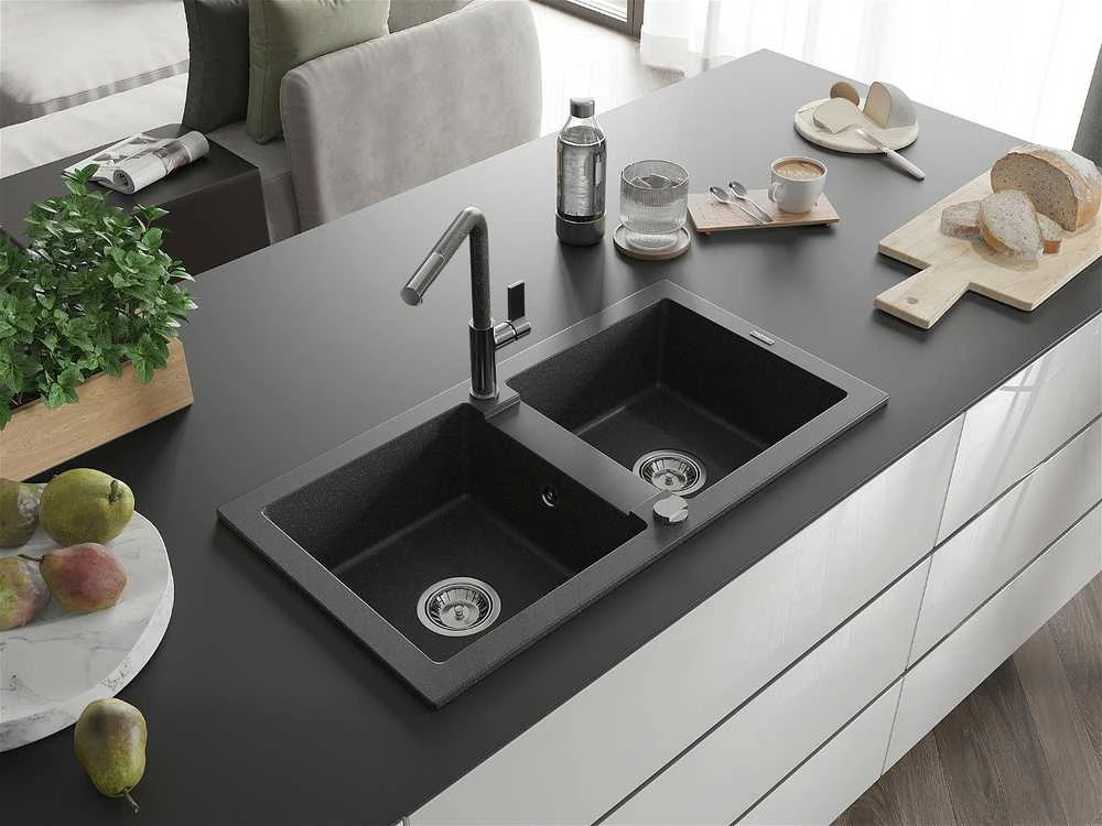 Granitinė virtuvinė plautuvė Mexen Mario su maišytuvu ir sifonu, Juodas granite+Juodas granite/Chrome