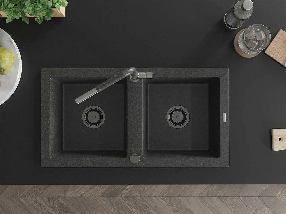 Granitinė virtuvinė plautuvė Mexen Mario su maišytuvu ir sifonu, Juodas granite+Juodas granite/Chrome