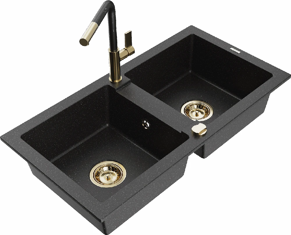 Granitinė virtuvinė plautuvė Mexen Mario su maišytuvu ir sifonu, Metallic juodas/sidabrinis+Juodas/Gold