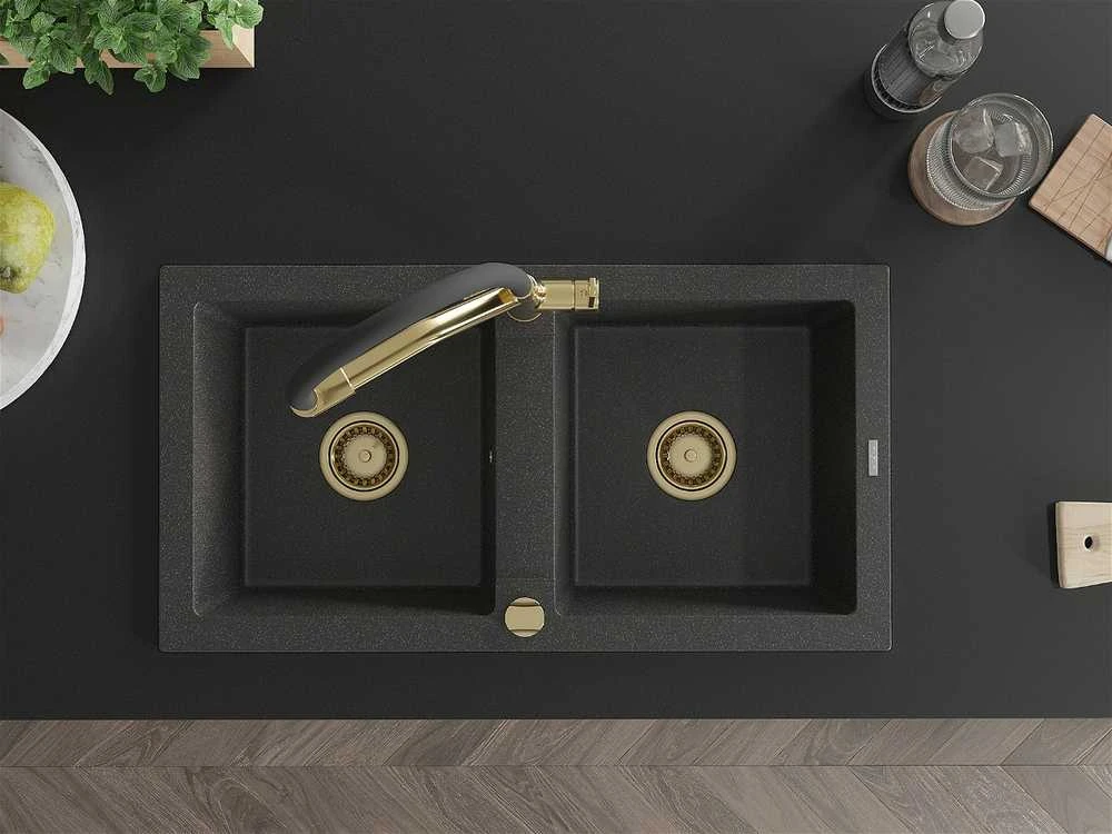 Granitinė virtuvinė plautuvė Mexen Mario su maišytuvu ir sifonu, Juodas granite+Juodas/Gold