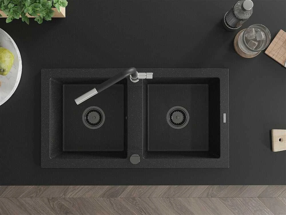 Granitinė virtuvinė plautuvė Mexen Mario su maišytuvu ir sifonu, Metallic juodas/sidabrinis+Juodas/Chrome