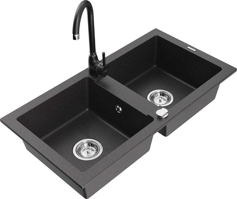 Granitinė virtuvinė plautuvė Mexen Mario su maišytuvu ir sifonu, Juodas granite+Juodas