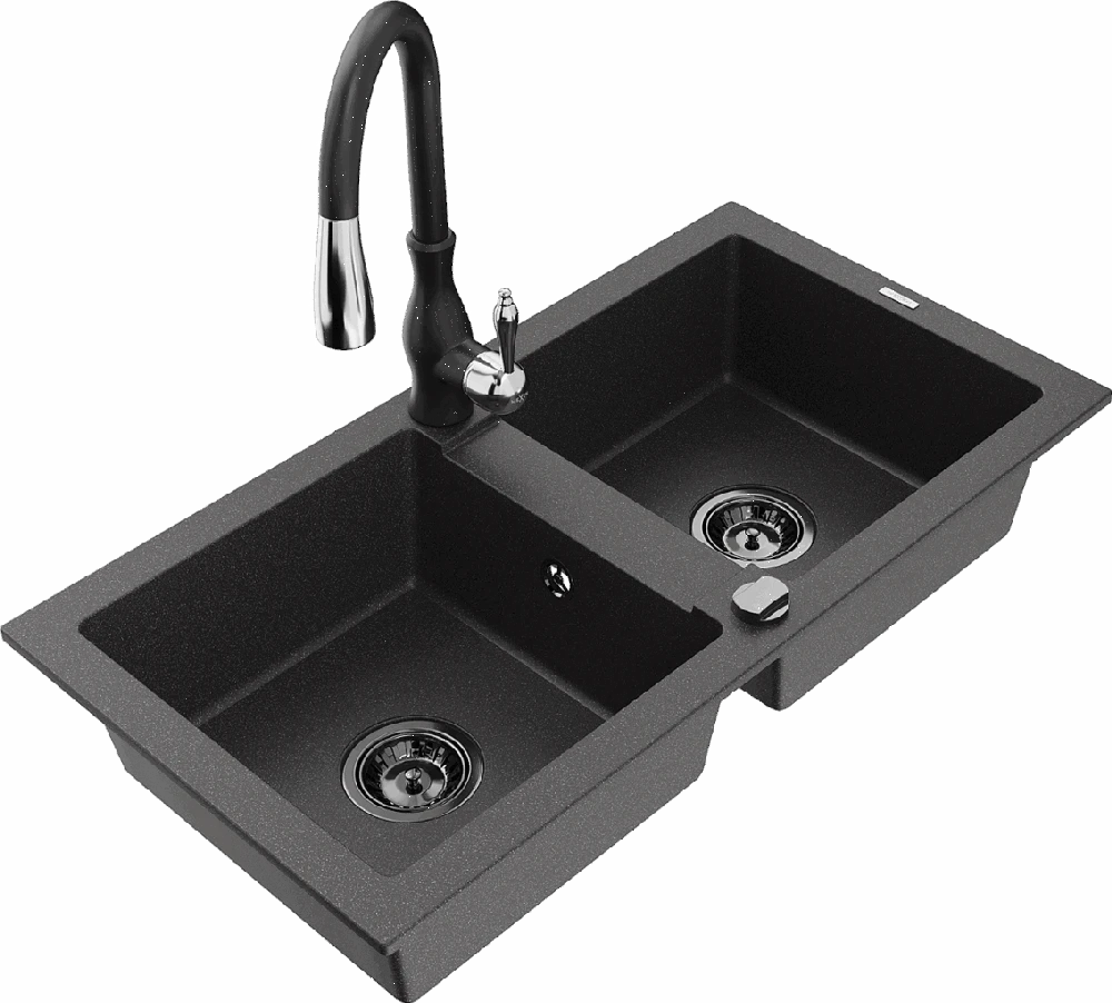 Granitinė virtuvinė plautuvė Mexen Mario su maišytuvu ir sifonu, Juodas granite+Juodas