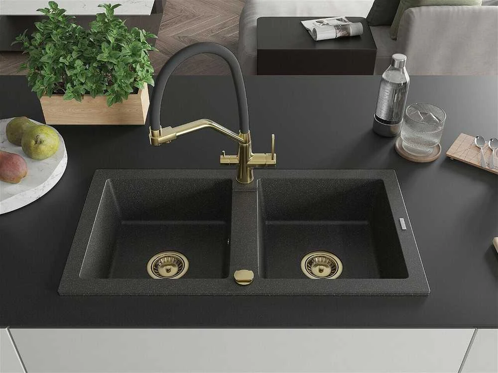Granitinė virtuvinė plautuvė Mexen Mario su maišytuvu ir sifonu, Juodas granite+Juodas/Gold