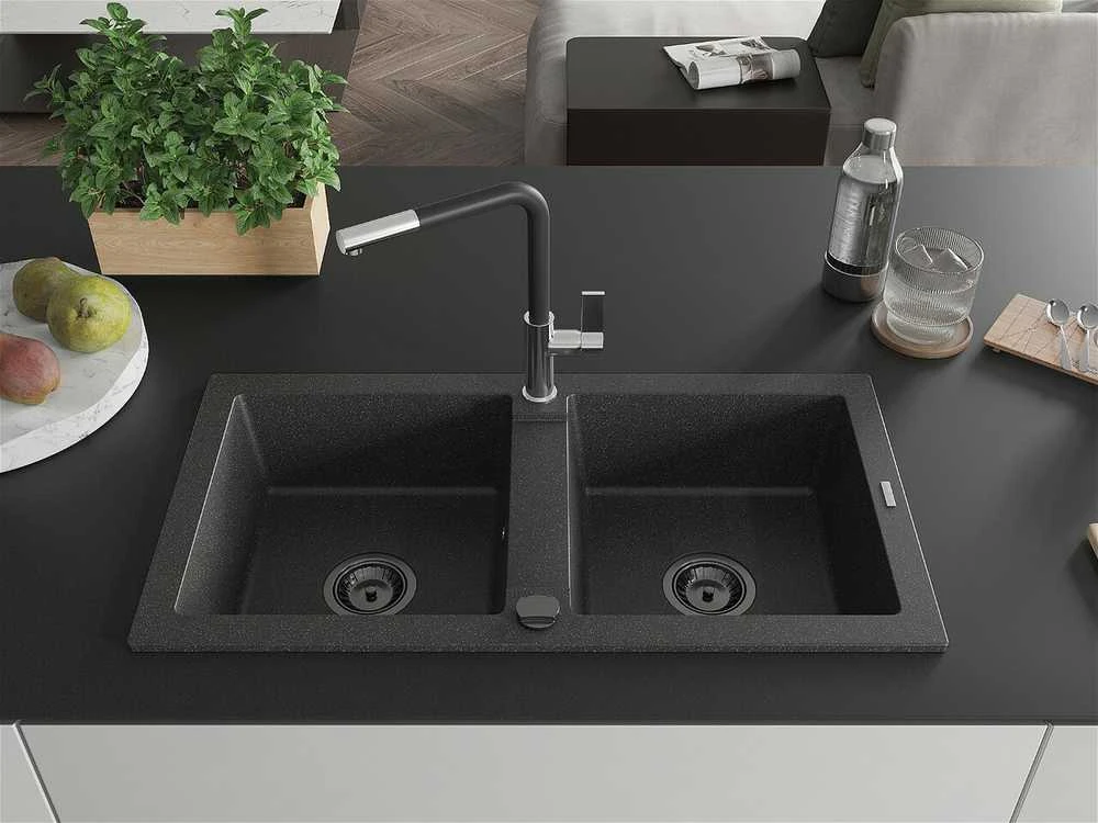 Granitinė virtuvinė plautuvė Mexen Mario su maišytuvu ir sifonu, Juodas granite+Juodas/Chrome