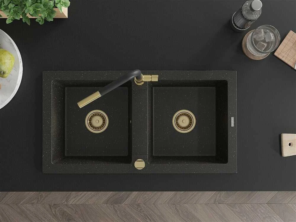 Granitinė virtuvinė plautuvė Mexen Mario su maišytuvu ir sifonu, Metallic juodas/auksinis+Juodas/Gold
