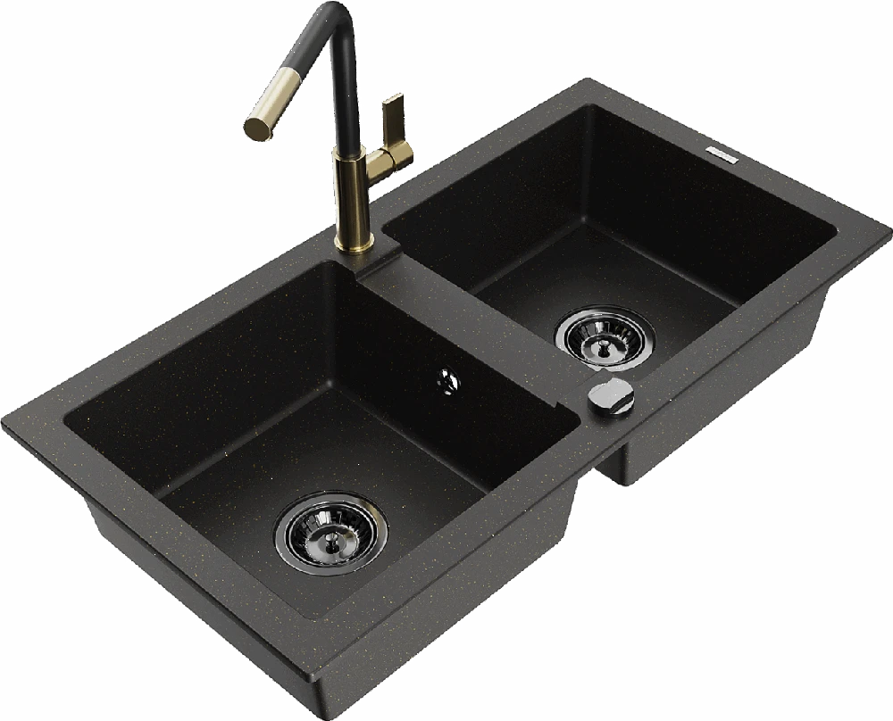 Granitinė virtuvinė plautuvė Mexen Mario su maišytuvu ir sifonu, Metallic juodas/auksinis+Juodas/Gold