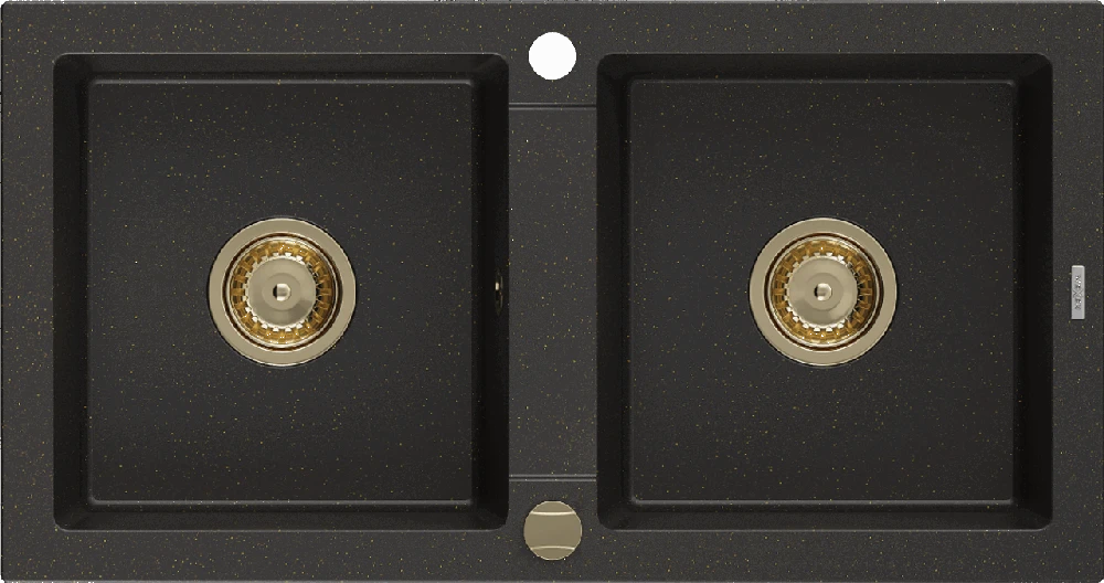 Granitinė virtuvinė plautuvė Mexen Mario su sifonu, Metallic juodas/auksinis+Gold, 820 x 436 mm