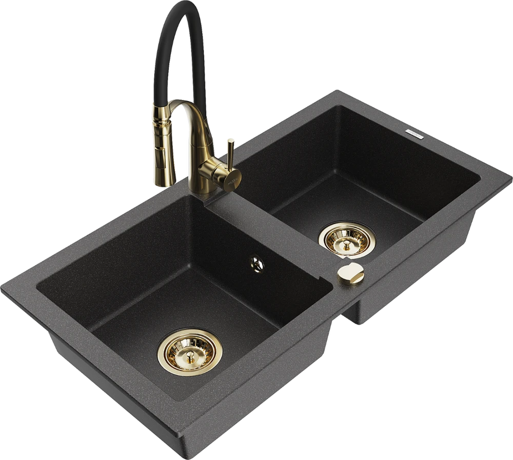 Granitinė virtuvinė plautuvė Mexen Mario su maišytuvu ir sifonu, Juodas granite+Juodas/Gold