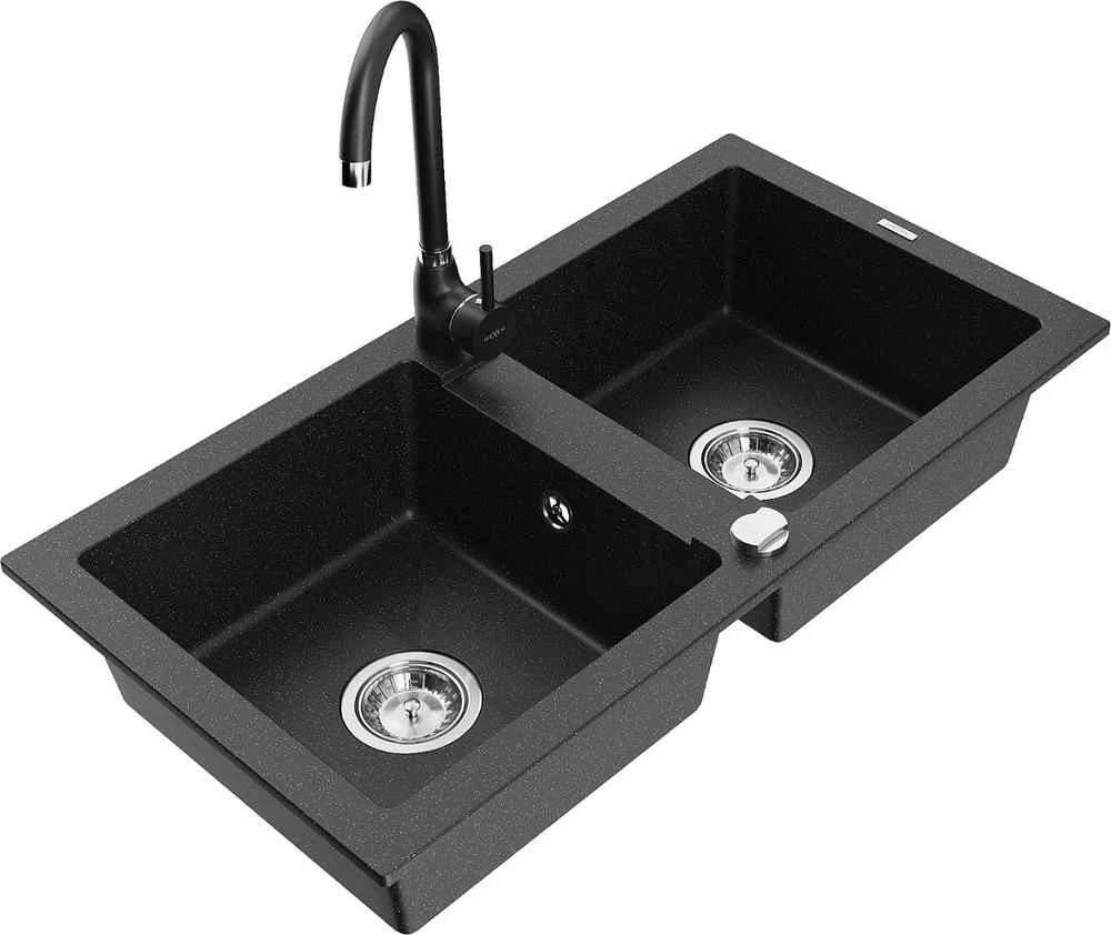 Granitinė virtuvinė plautuvė Mexen Mario su maišytuvu ir sifonu, Metallic juodas/sidabrinis+Juodas