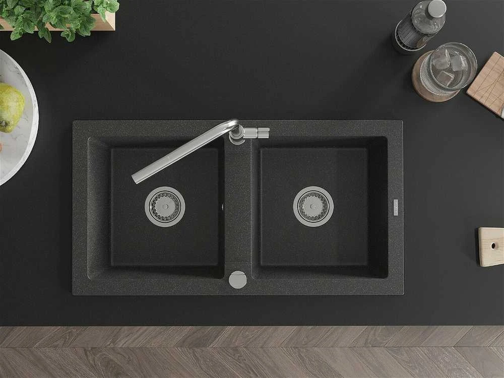 Granitinė virtuvinė plautuvė Mexen Mario su maišytuvu ir sifonu, Juodas granite+Chrome
