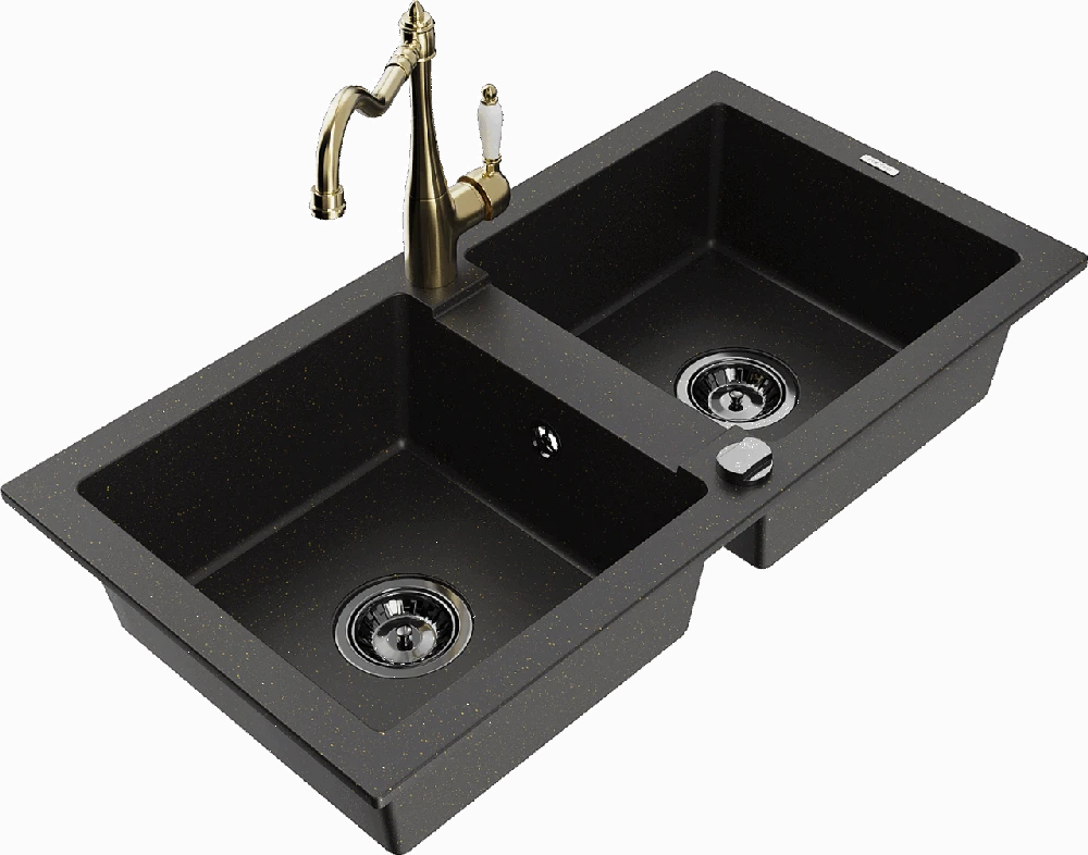 Granitinė virtuvinė plautuvė Mexen Mario su maišytuvu ir sifonu, Metallic juodas/auksinis+Gold