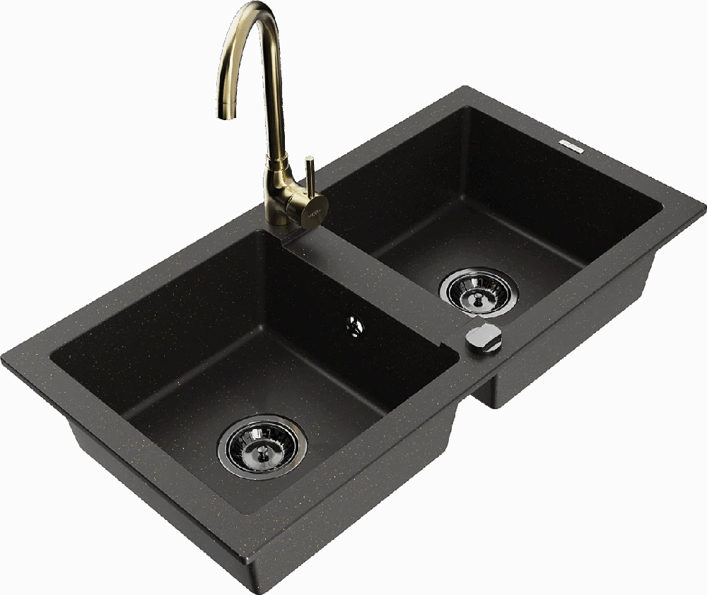 Granitinė virtuvinė plautuvė Mexen Mario su maišytuvu ir sifonu, Metallic juodas/auksinis+Gold